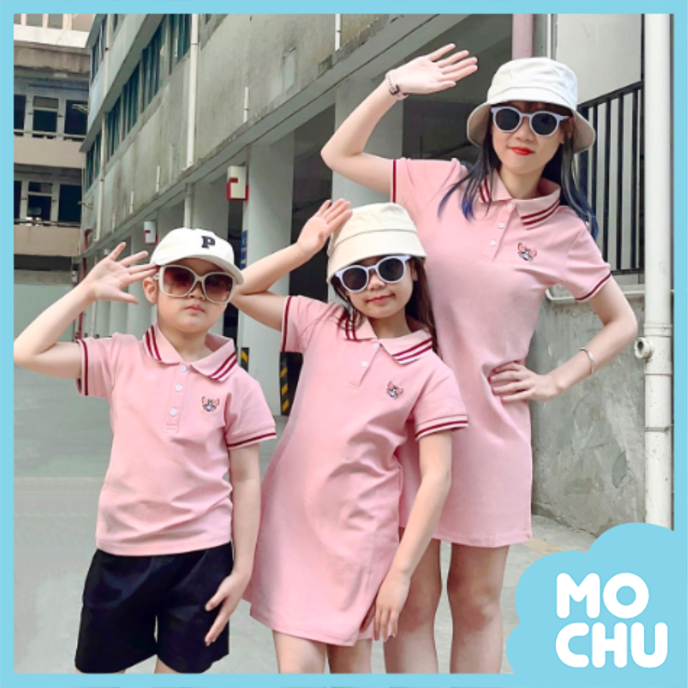 粉色刺繡polo領短袖親子裝