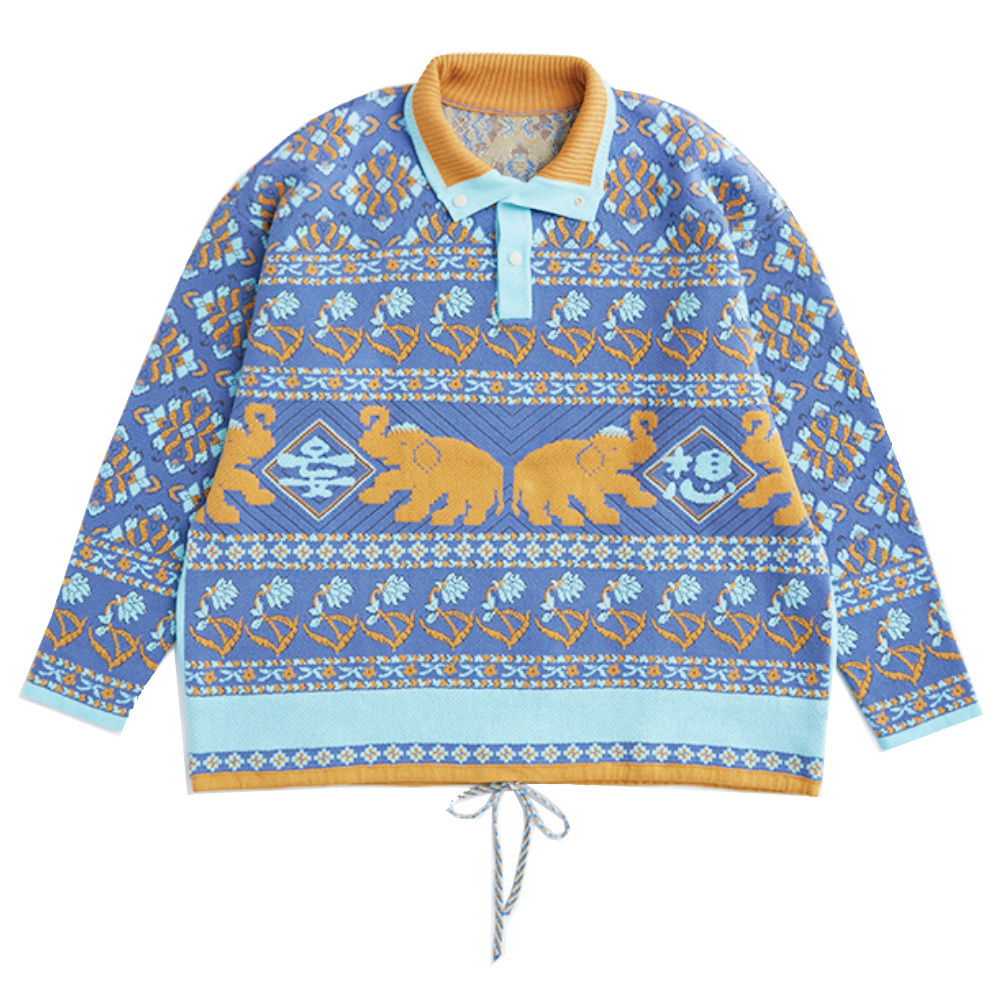 [Negura Curry] Long Sleeve Snap Collar Pullover Blue