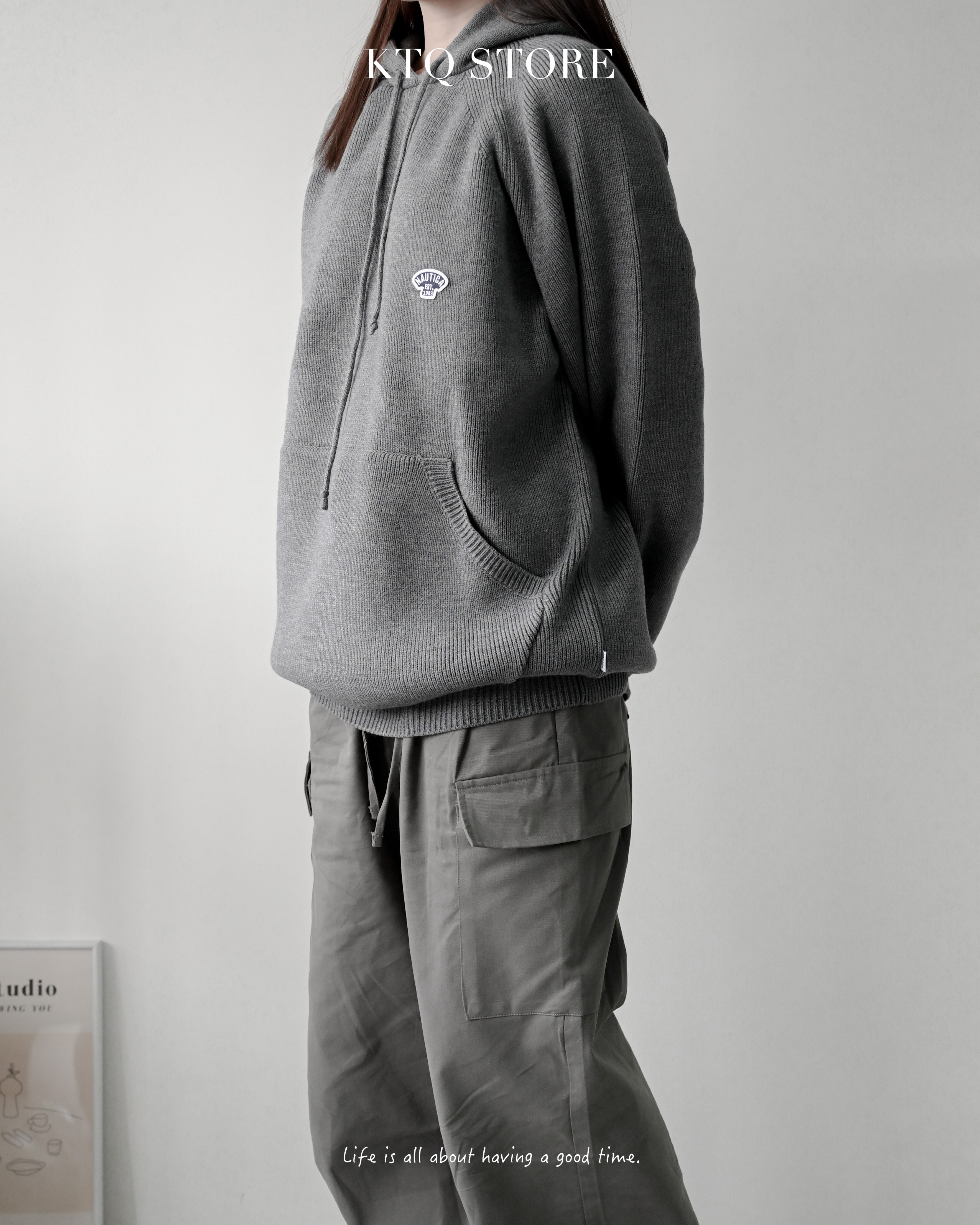 KTQ STORE ‧ Nautica 小標 布章 針織帽T 黑 深灰