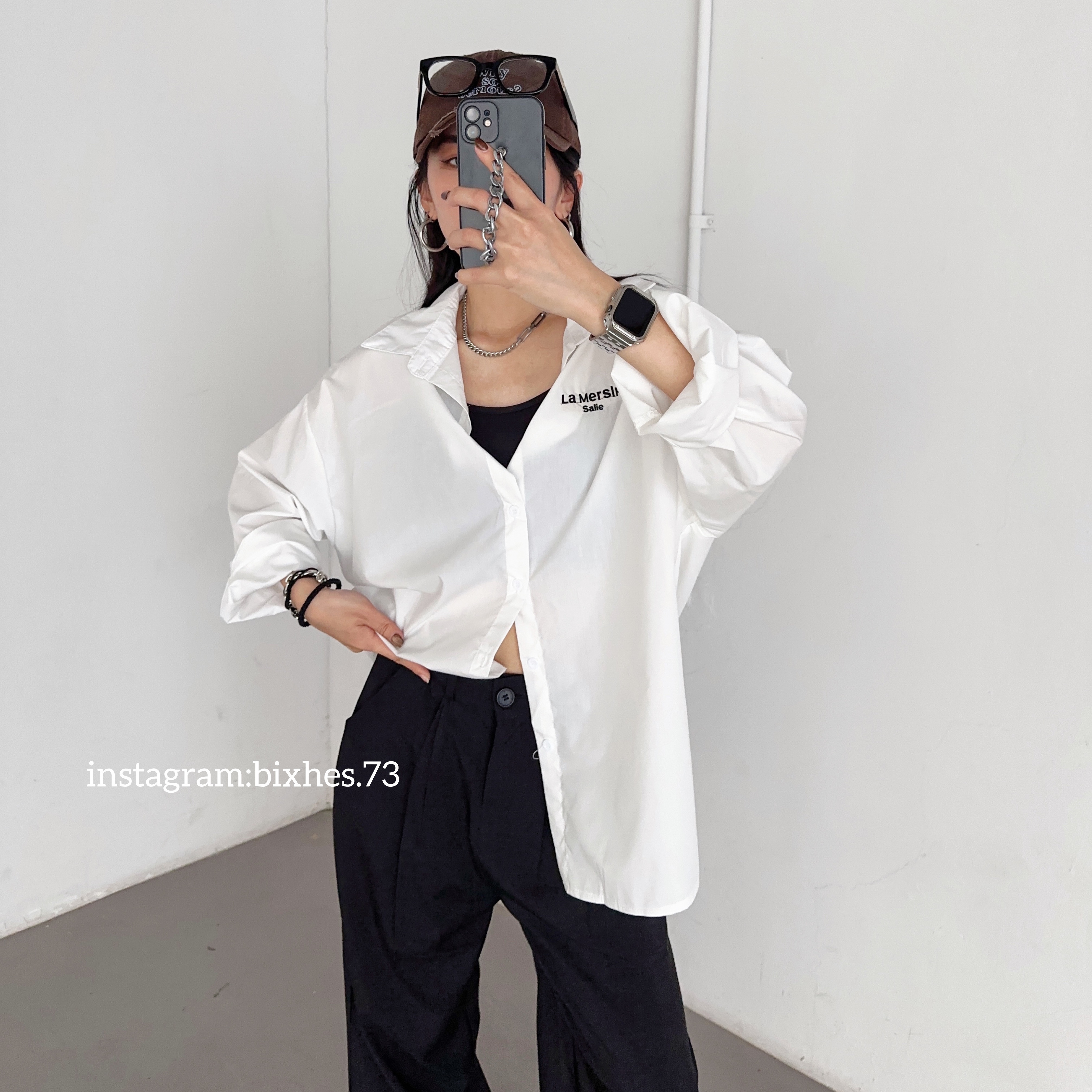 寬版刺繡落肩大襯衫(G00035)