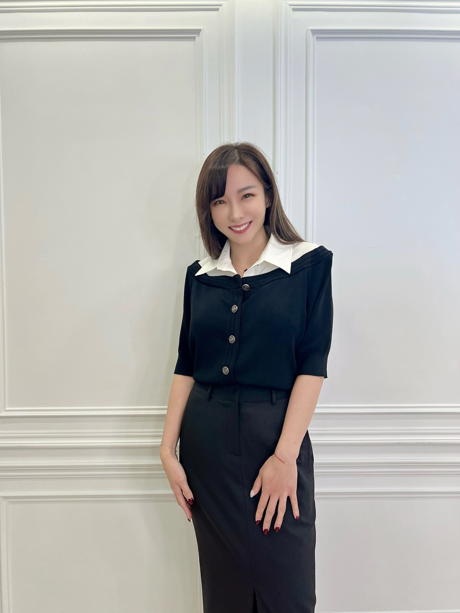 襯衫領針織五分袖上衣