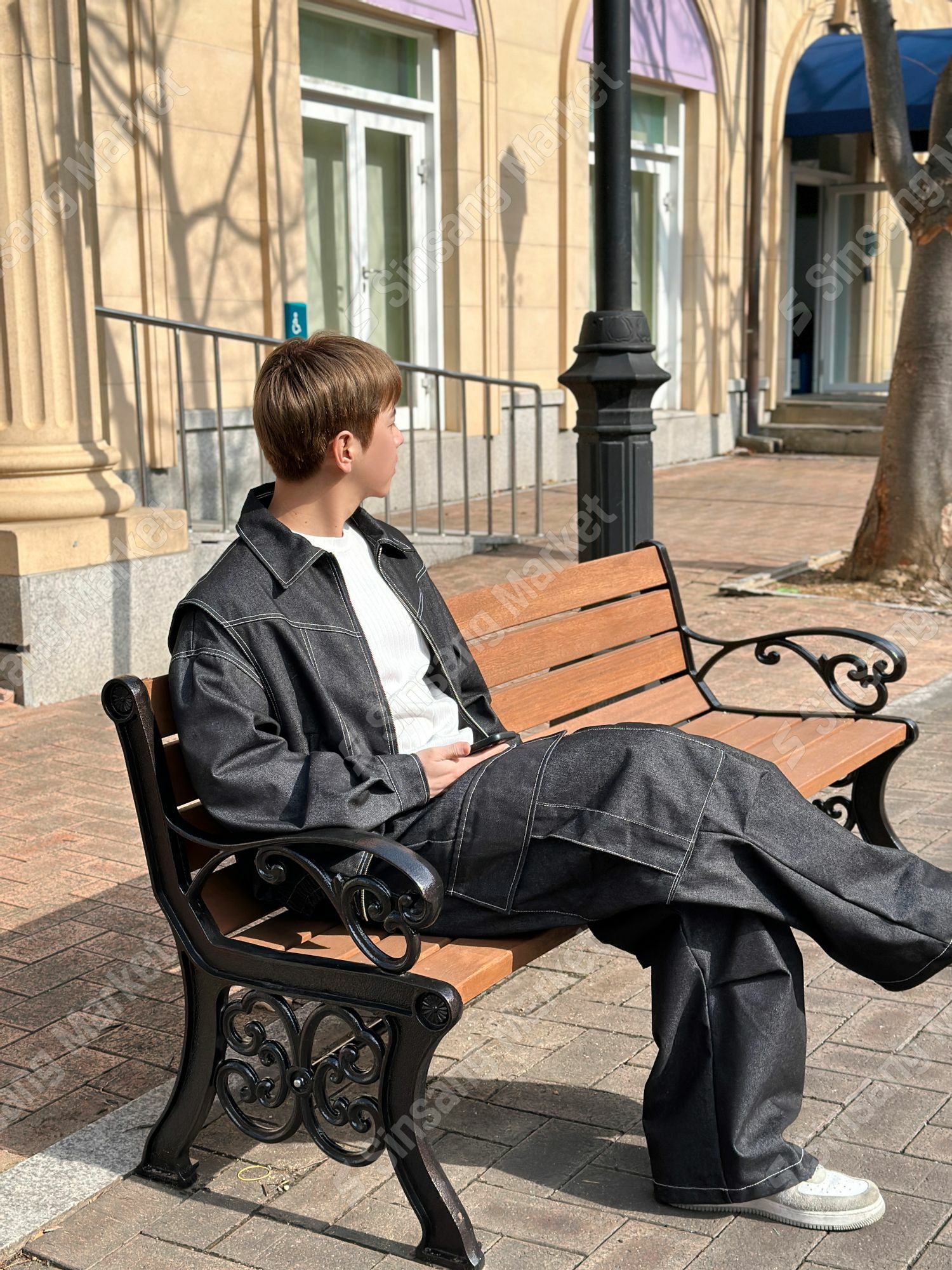 原漿牛仔褶皺工裝闊腿褲