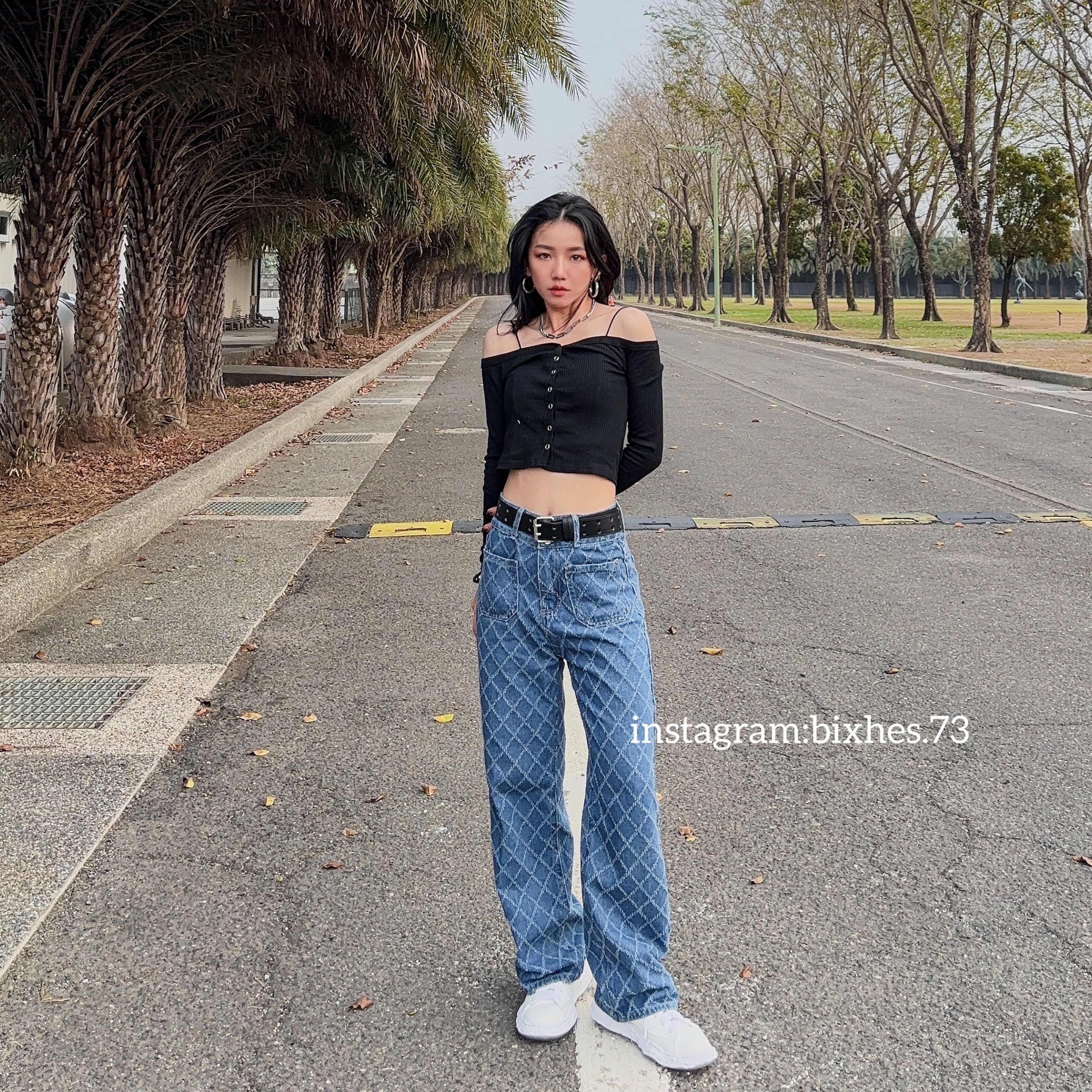 雙扣壓格直筒牛仔褲(E00076)