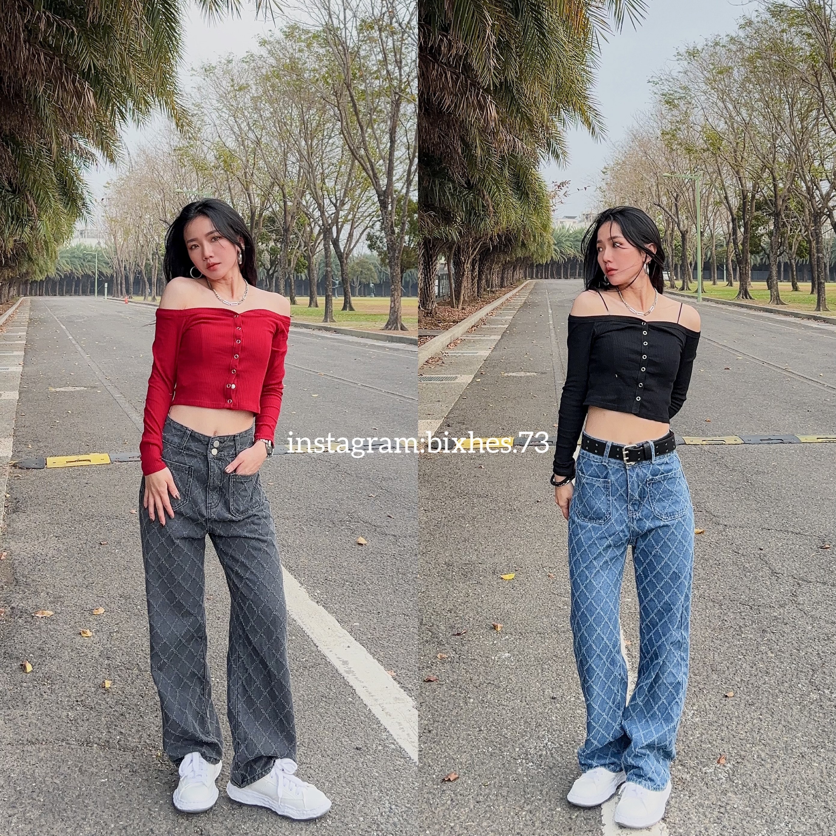 雙扣壓格直筒牛仔褲(E00076)