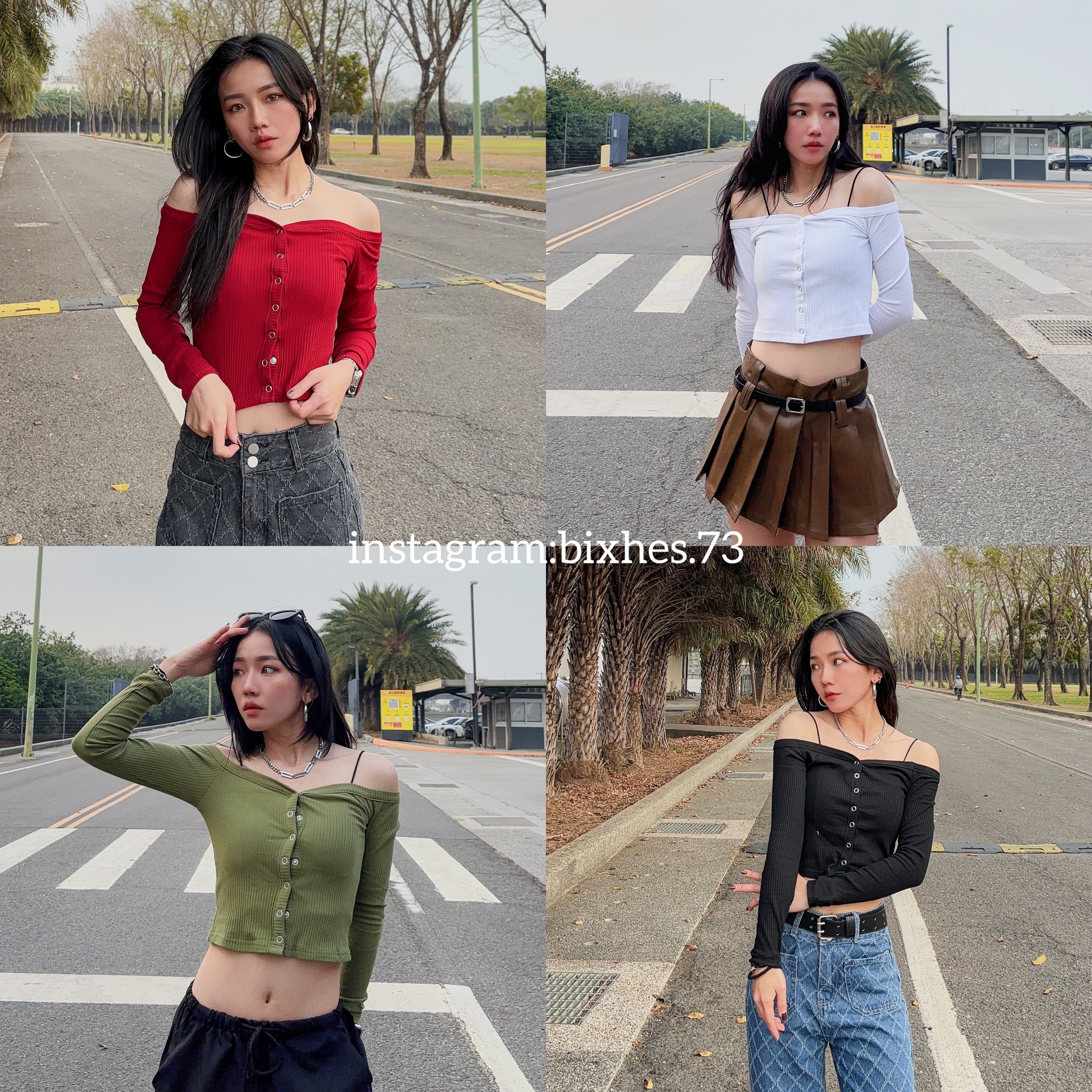 歐美排扣一字領長T(B00081)