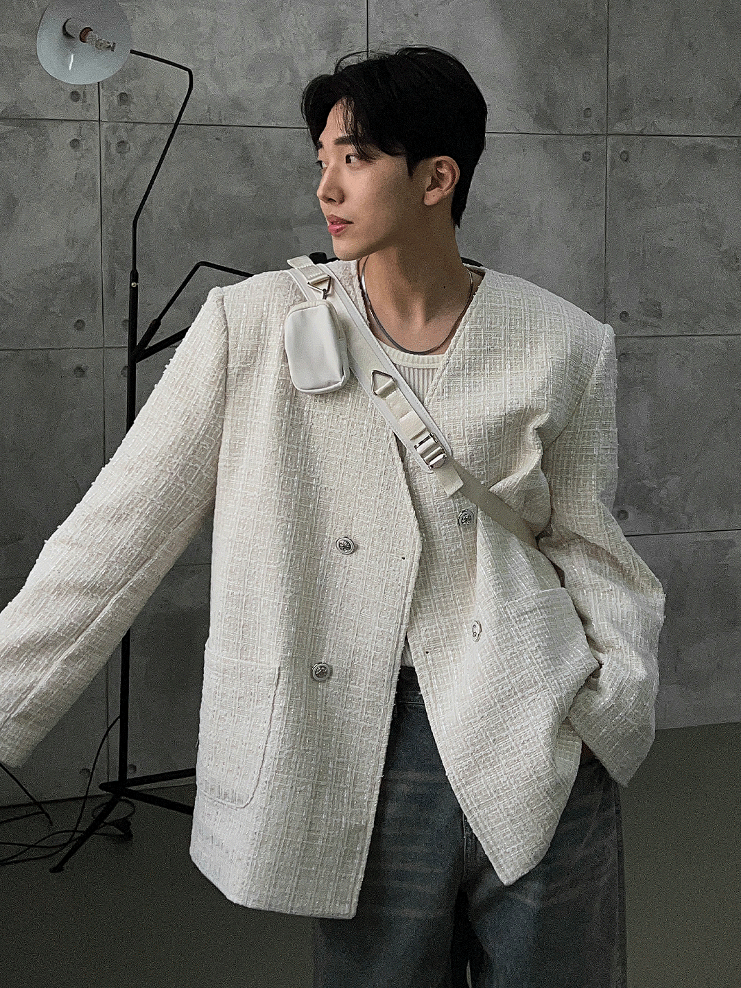 寬版V領雙排扣粗花呢西裝外套