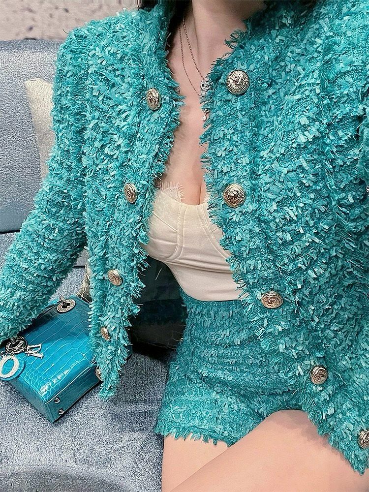 正韓藍綠色金釦小香外