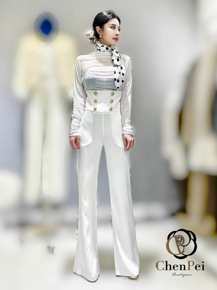 正韓巨高腰排釦微喇褲