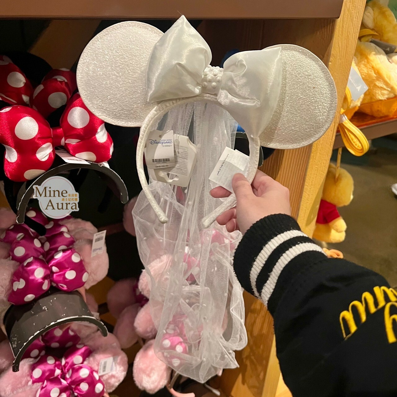 米妮 Minnie 白色緞面蝴蝶結 頭紗 米奇頭造型 髮圈 髮箍 -香港迪士尼樂園