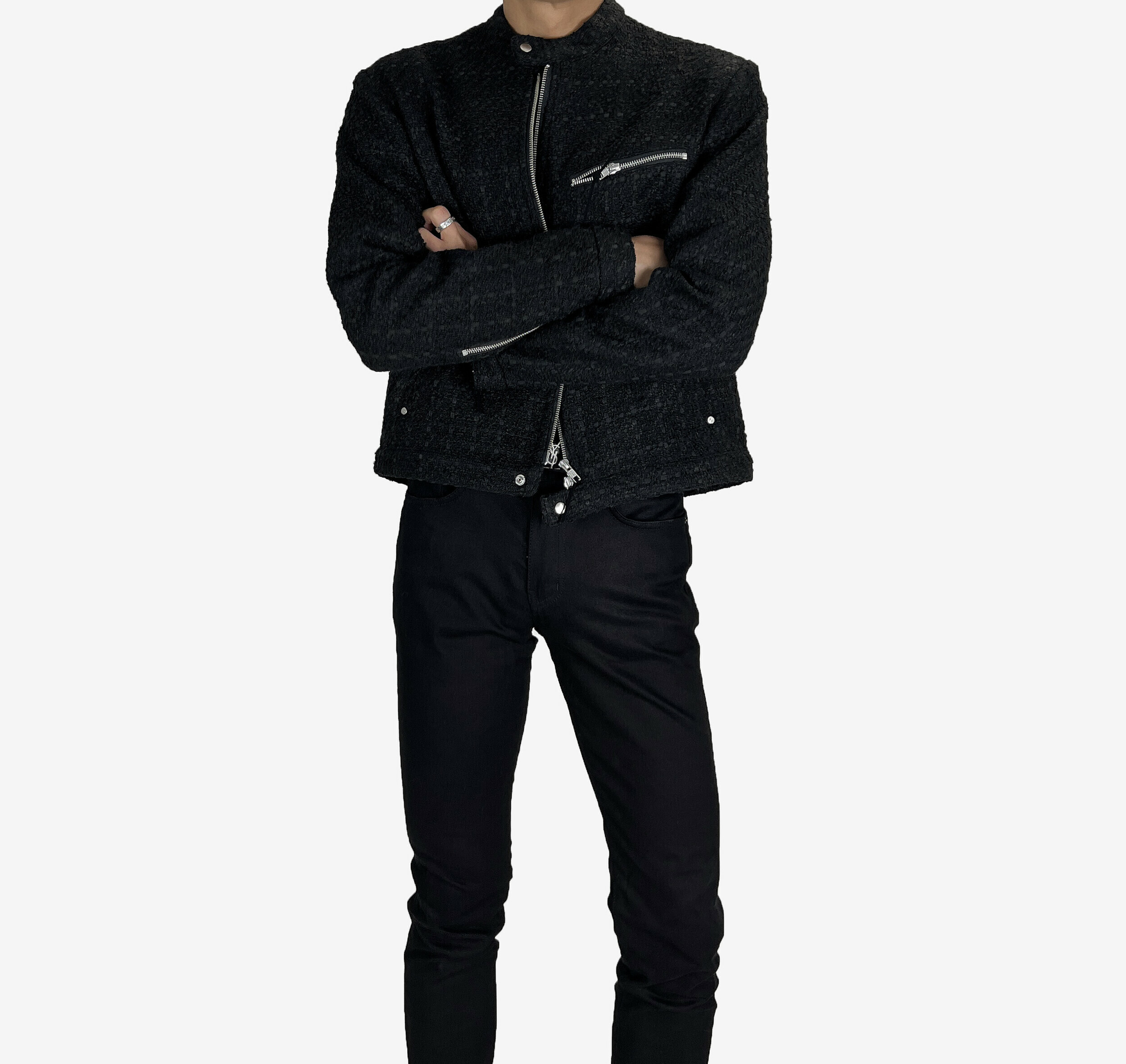 粗花呢拉鍊騎士夾克