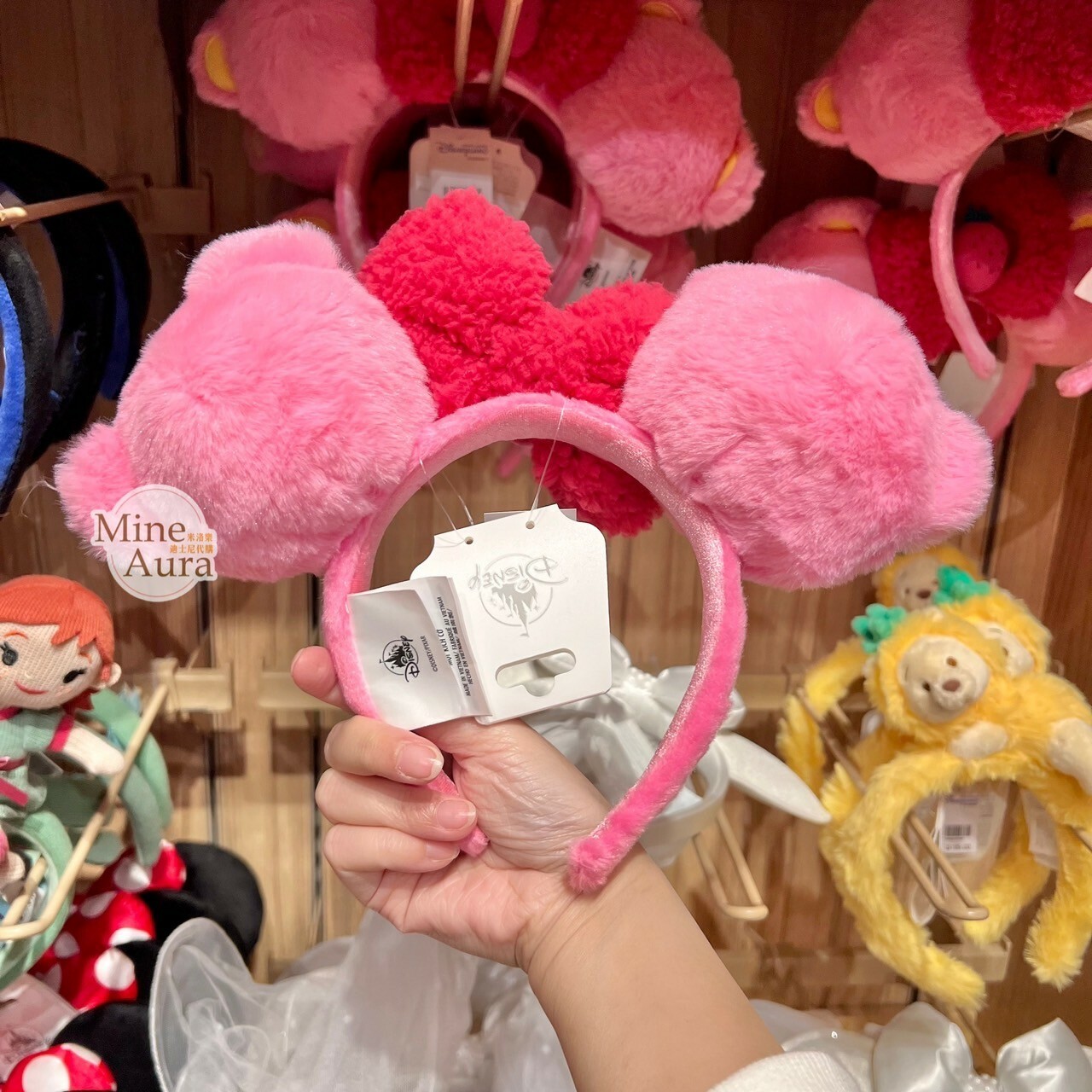 米妮 Minnie 草莓蝴蝶結 絨毛造型 粉色 髮圈 髮箍  -香港迪士尼樂園