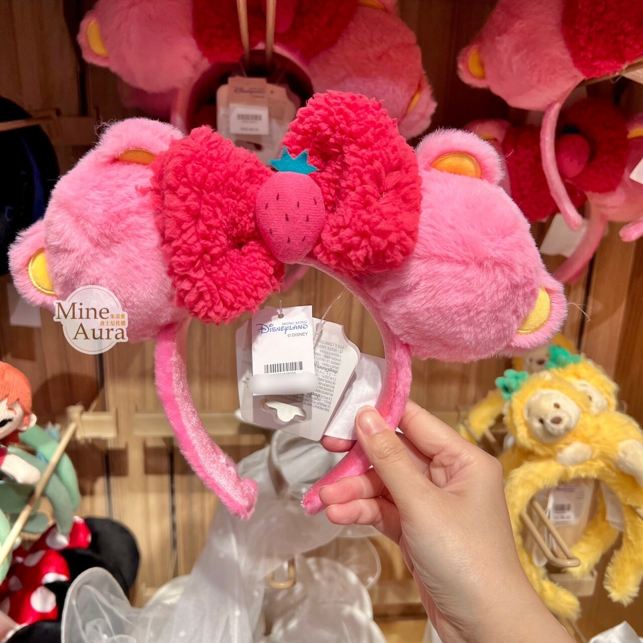 米妮 Minnie 草莓蝴蝶結 絨毛造型 粉色 髮圈 髮箍  -香港迪士尼樂園