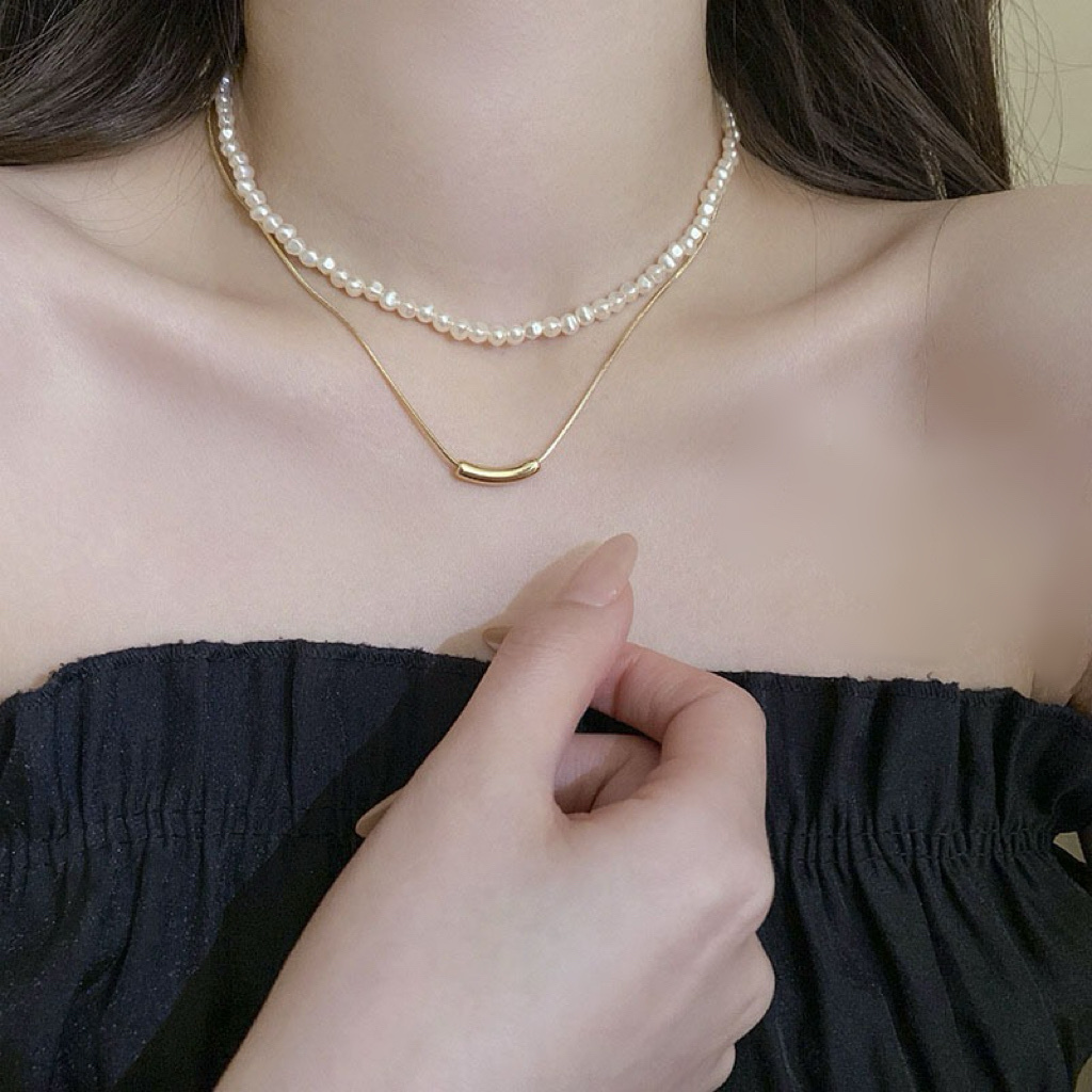 溫柔碎石米銀珍珠 雙層微笑墜項鍊set