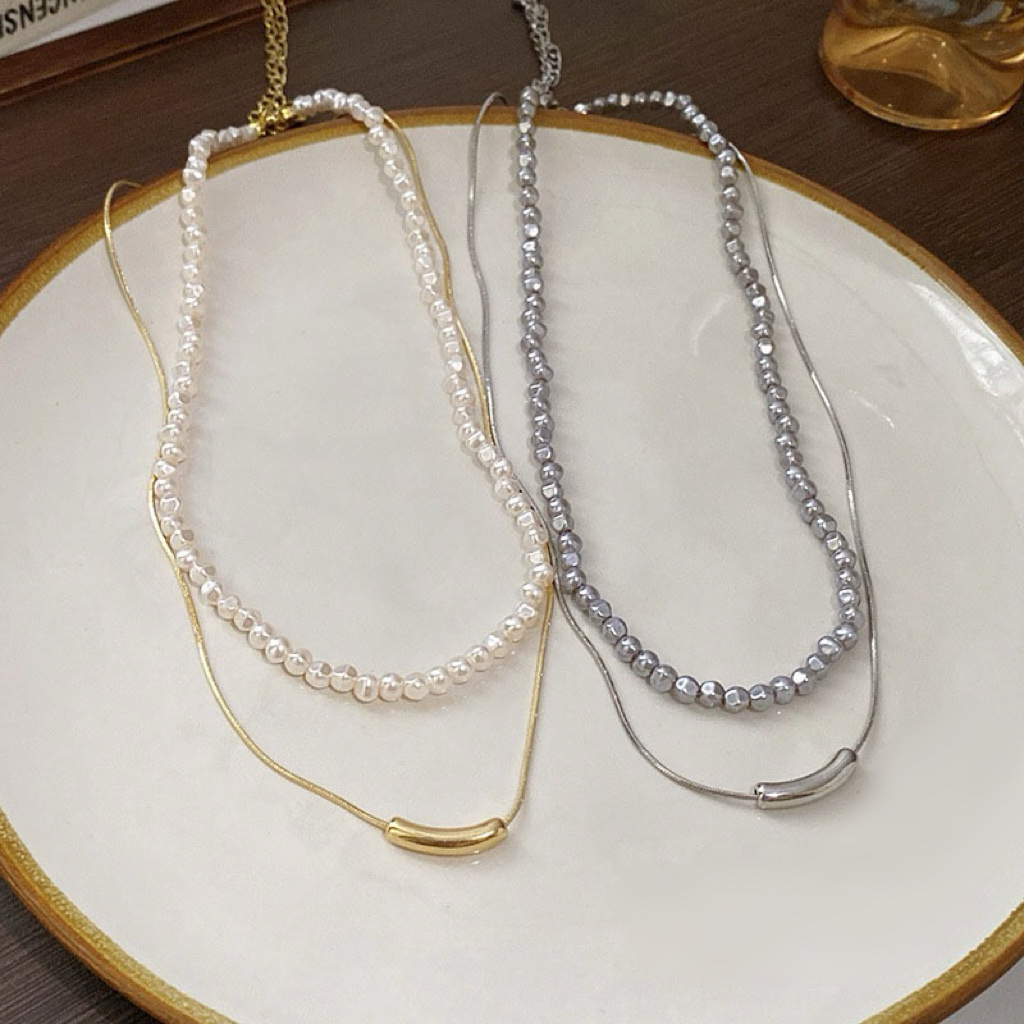 溫柔碎石米銀珍珠 雙層微笑墜項鍊set