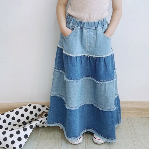 現貨 100cm 親子款  雙色拼接牛仔蛋糕長裙 100-150cm