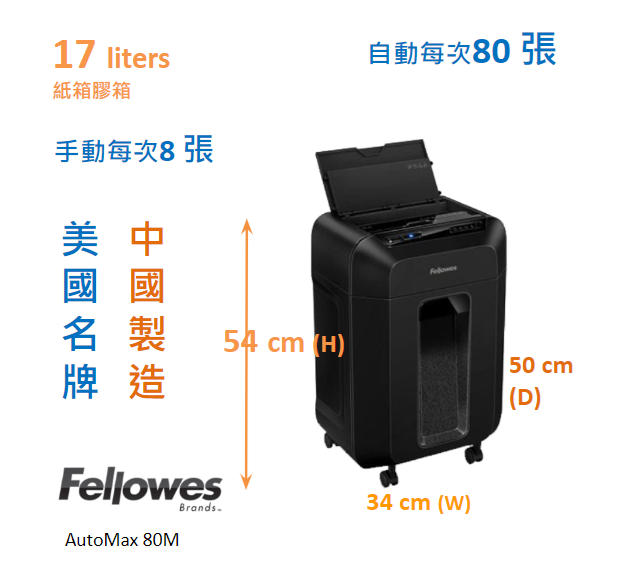 Fellowes AutoMax 80M Auto Feed Shredder粒狀碎紙機 (8張/ 自動碎紙80張)美國名牌、中國製造