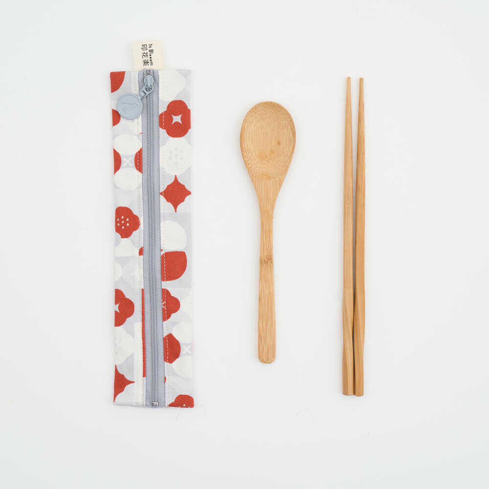 Zipper Utensil Pouch (Spoon and Chopsticks including)/Begonia Glass Pattern No.12/Spring Plum Red