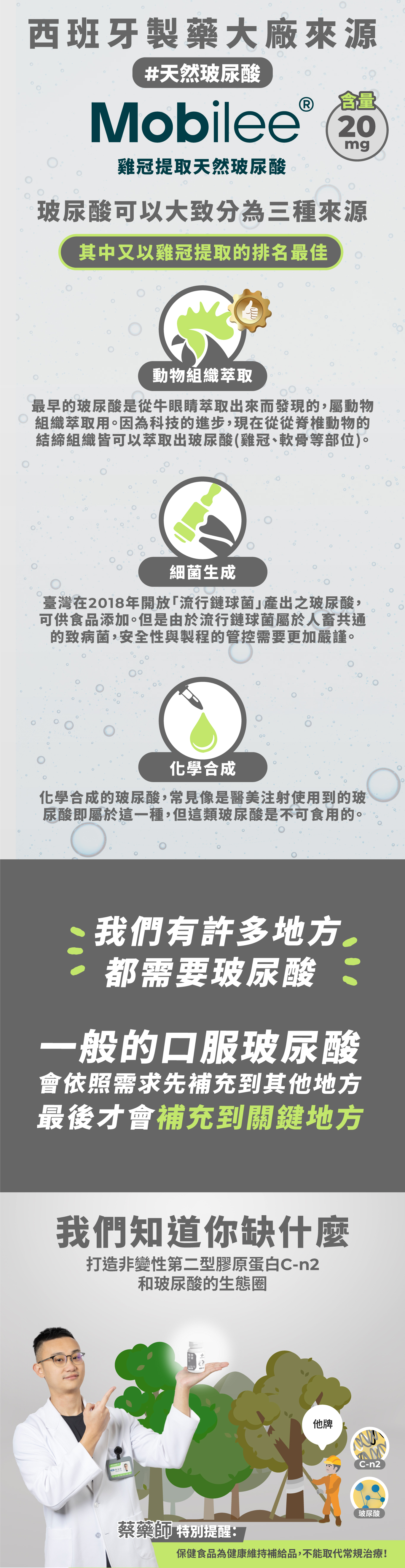 西班牙製藥大廠來源#天然玻尿酸 Mobilee 雞冠提取天然玻尿酸mg玻尿酸可以大致分為三種來源其中又以雞冠提取的排名最佳動物組織萃取最早的玻尿酸從牛眼睛萃取出來而發現的,屬動物2 組織萃取用因為科技的進步,現在從從脊椎動物的結締組織皆可以萃取出玻尿酸(雞冠、軟骨等部位)。細菌生成臺灣在2018年開放流行鏈球菌產出之玻尿酸可供食品添加。但是由於流行鏈球菌屬於人畜共通的致病菌,安全性與製程的管控需要更加嚴謹。化學合成。0化學合成的玻尿酸,常見像是醫美注射使用到的玻尿酸即屬於這一種,但這類玻尿酸是不可食用的。我們有許多地方。都需要玻尿酸一般的口服玻尿酸會依照需求先補充到其他地方最後才會補充到關鍵地方我們知道你缺什麼打造非變性第二型膠原蛋白-n2和玻尿酸的生態圈蔡藥師是:他牌-n2玻尿酸保健食品為健康維持補給品,不能取代常規治療!