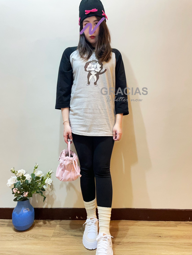 日本肌肉貓設計獨家款拉克蘭七分袖T-灰配黑袖