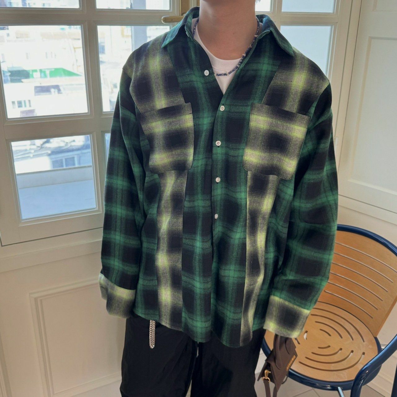 拼色格仔長袖恤衫 BY ATTENTION-121S