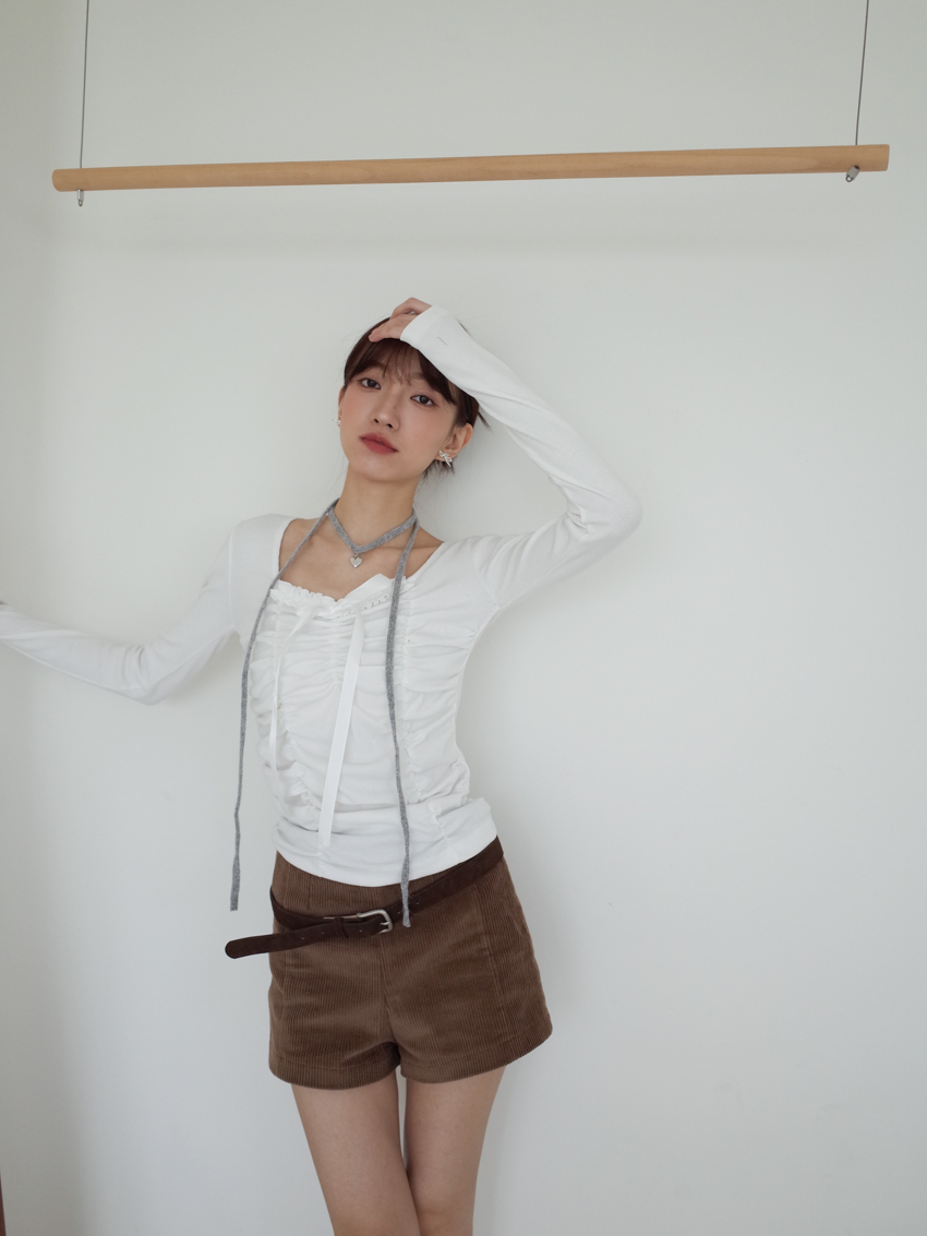 ribbon ruffle collar ruched top