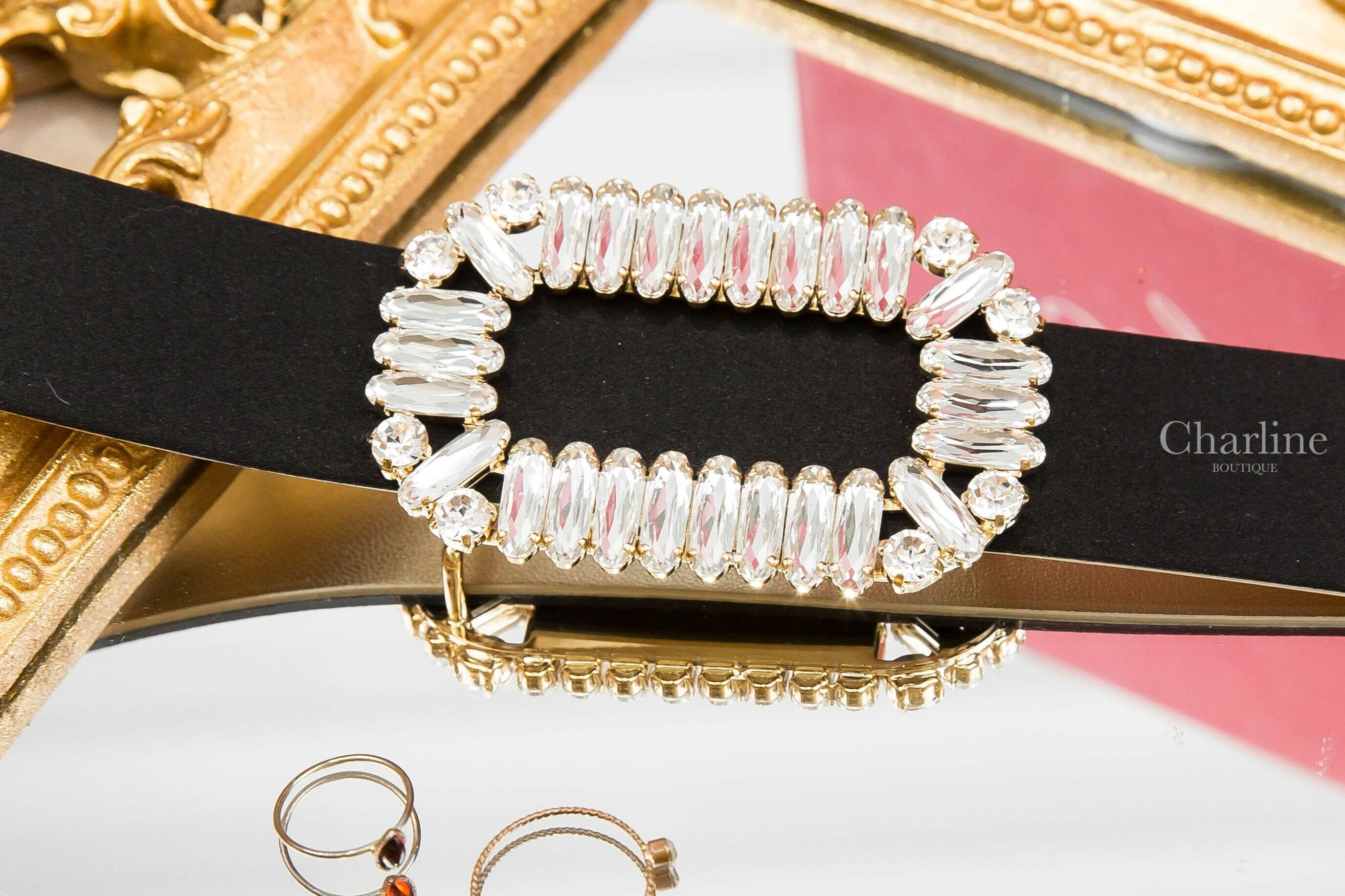 Roger Vivier Belt 黑色絲綢金色橢圓水晶方釦3cm皮帶