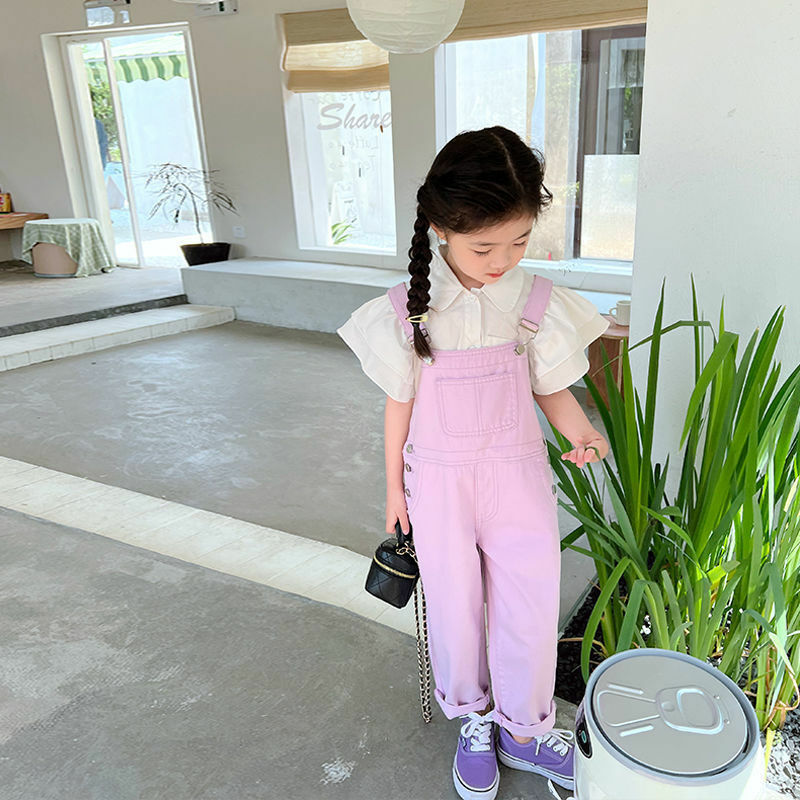 現貨 150cm <兩件組> 紫色吊帶褲 &雙層荷葉袖襯衫