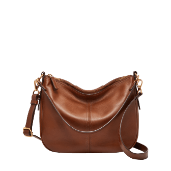 Brown leather crossbody bag.