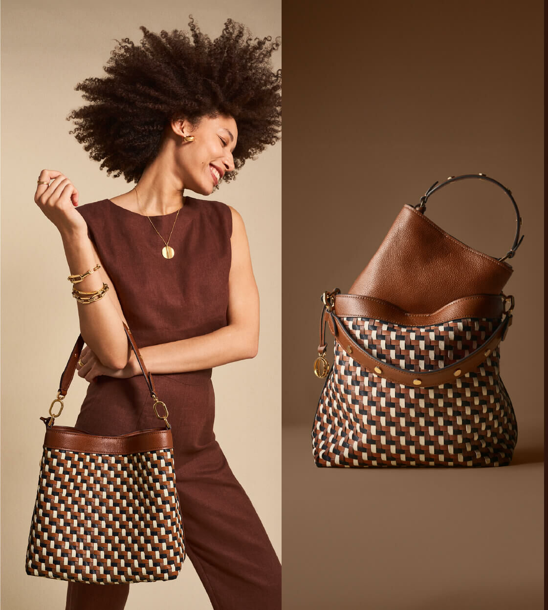 A woman in a brown outfit carrying the woven, multi-colored Jessie Bucket bag. The woven multi-colored Jessie Bucket bag with a smaller brown leather Jessie Bucket bag resting inside of it.