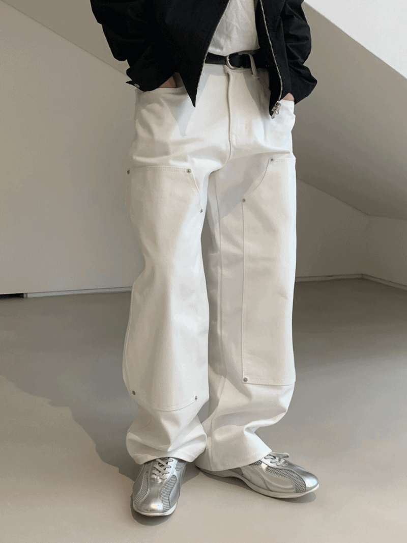 白色鉚釘雙排扣牛仔褲