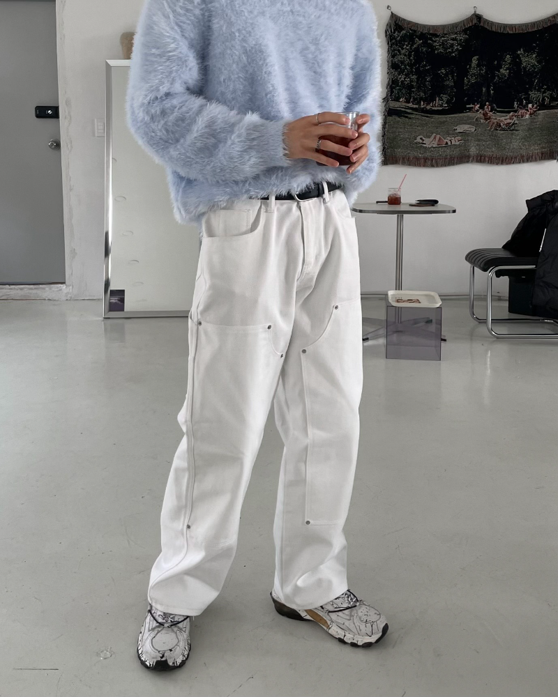 白色鉚釘雙排扣牛仔褲