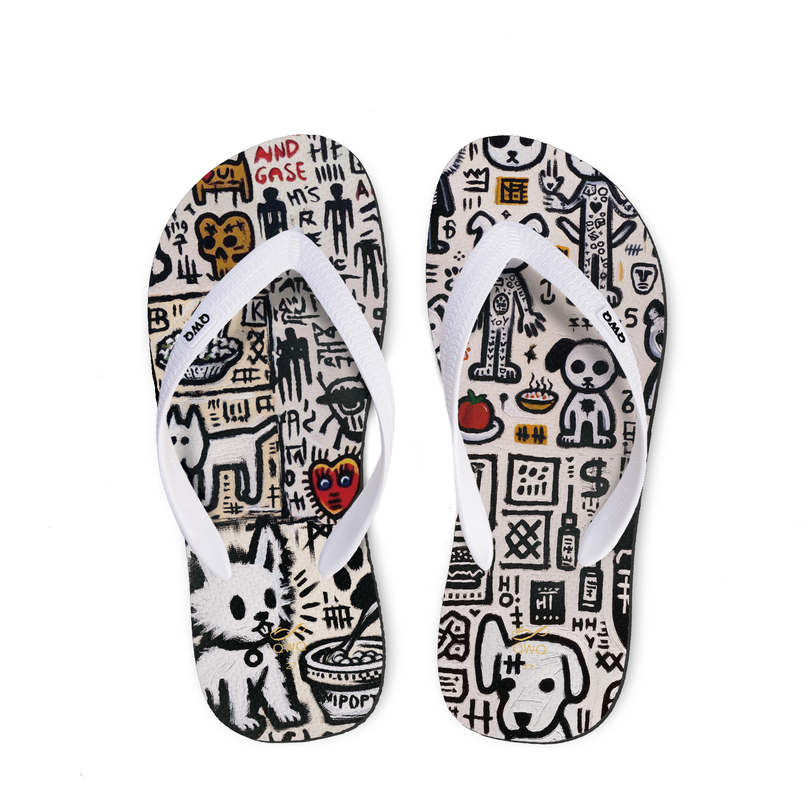 塗鴉狗勾 黑底白帶 Graffi塗鴉系列 插圖男款夾腳拖鞋 LE原創