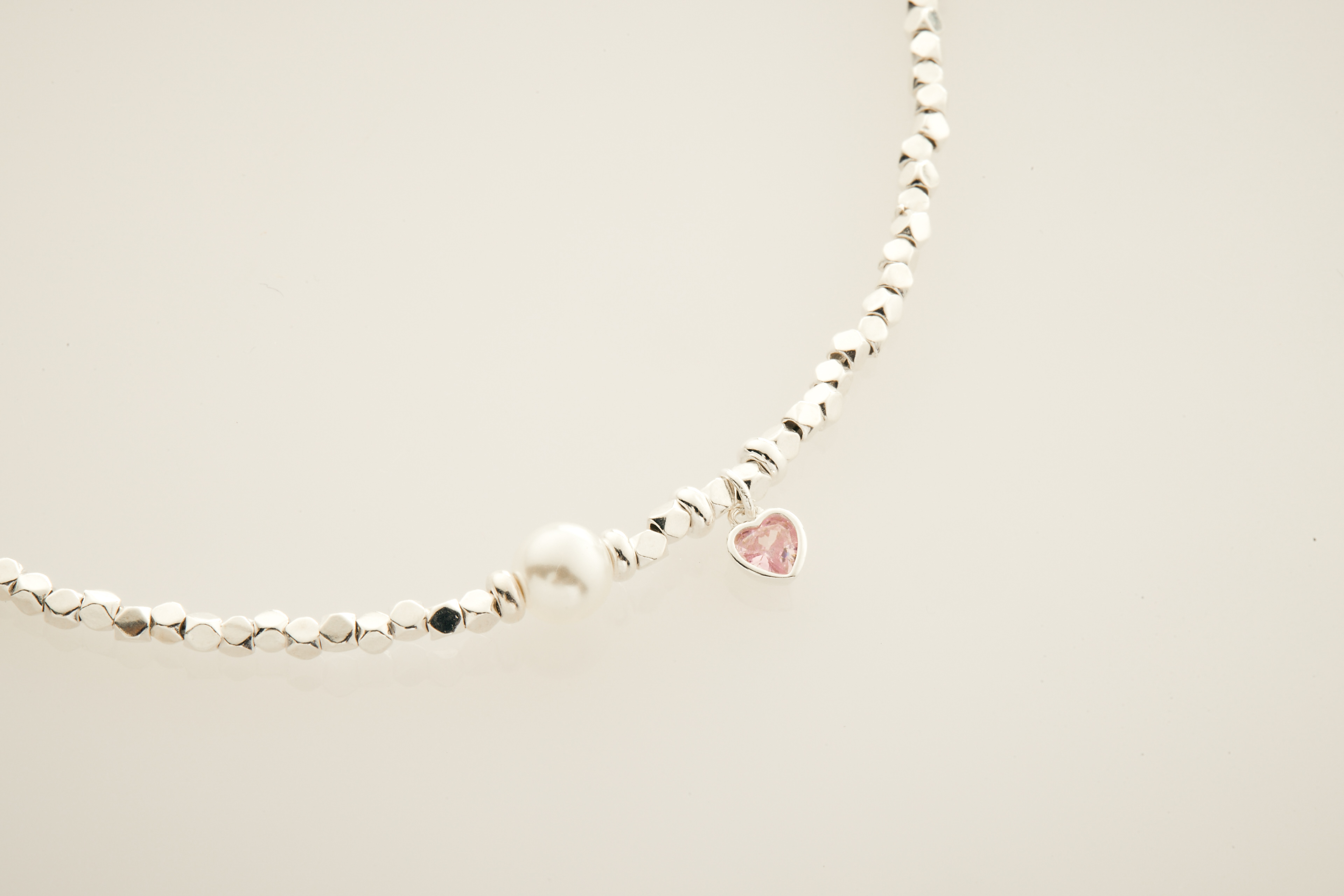 B185  | 純銀愛心鋯石珍珠手鍊