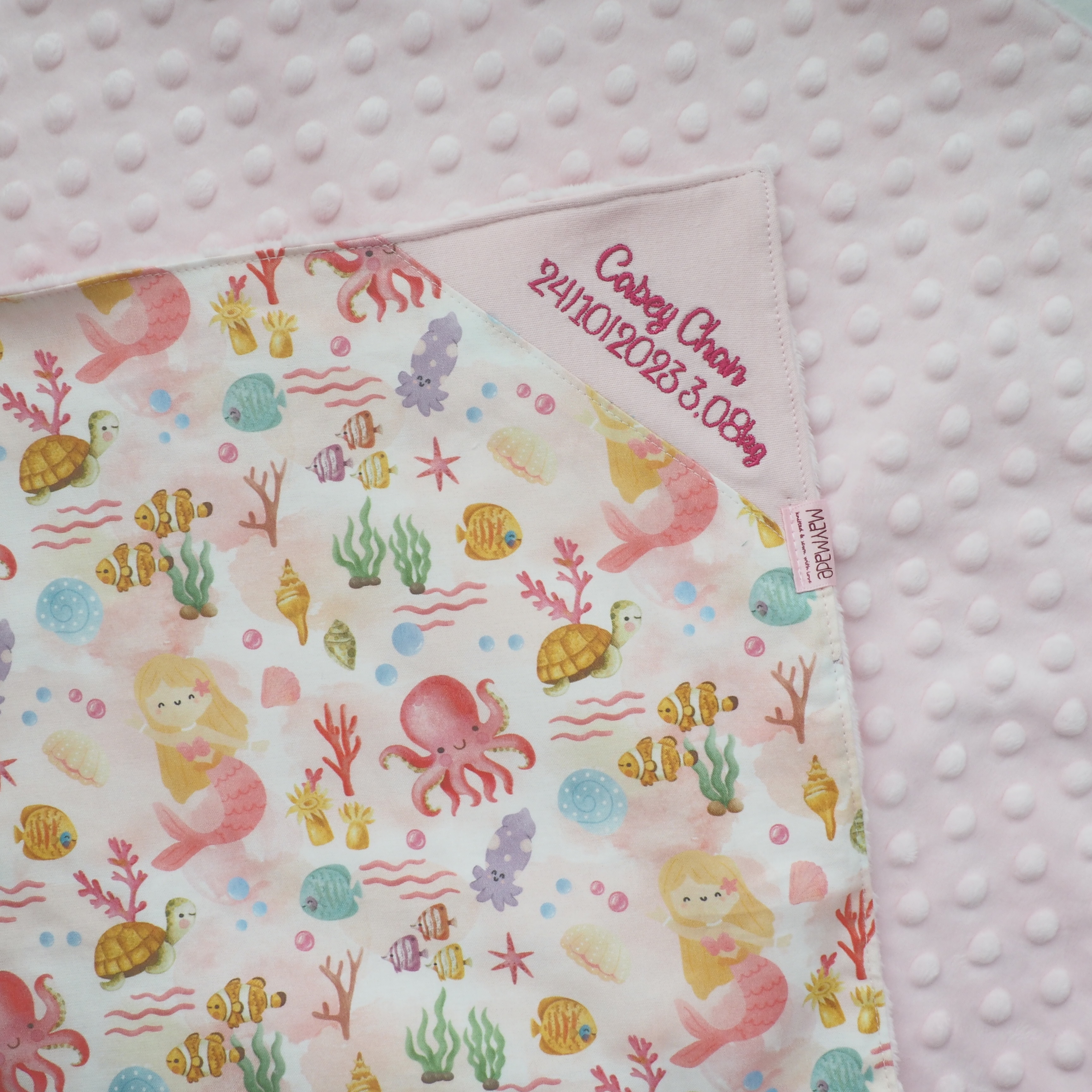 粉紅色美人魚圖案 BB被仔 嬰兒被 可繡名