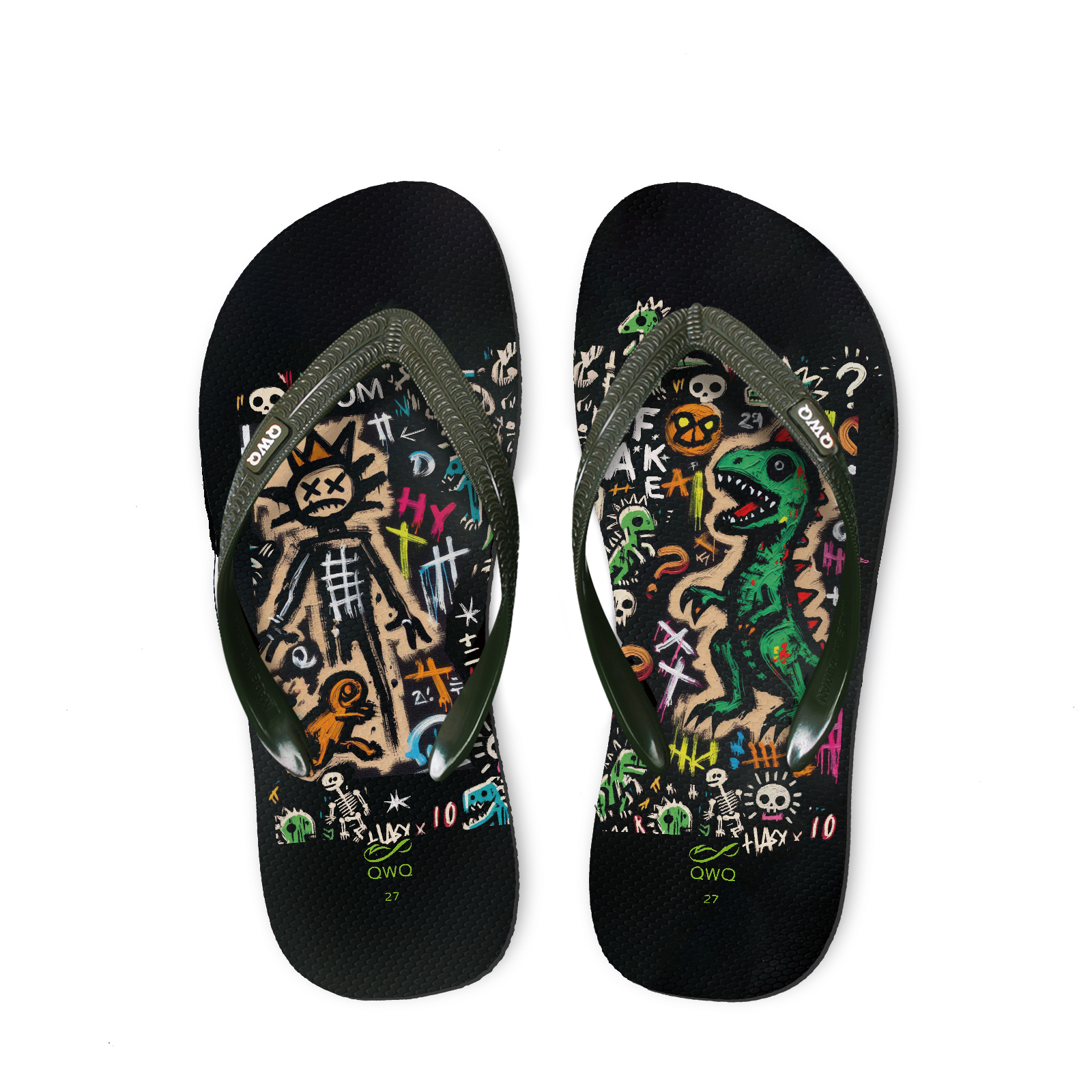 塗鴉恐龍 黑底綠帶 Graffi塗鴉系列 插圖男款夾腳拖鞋 LE原創