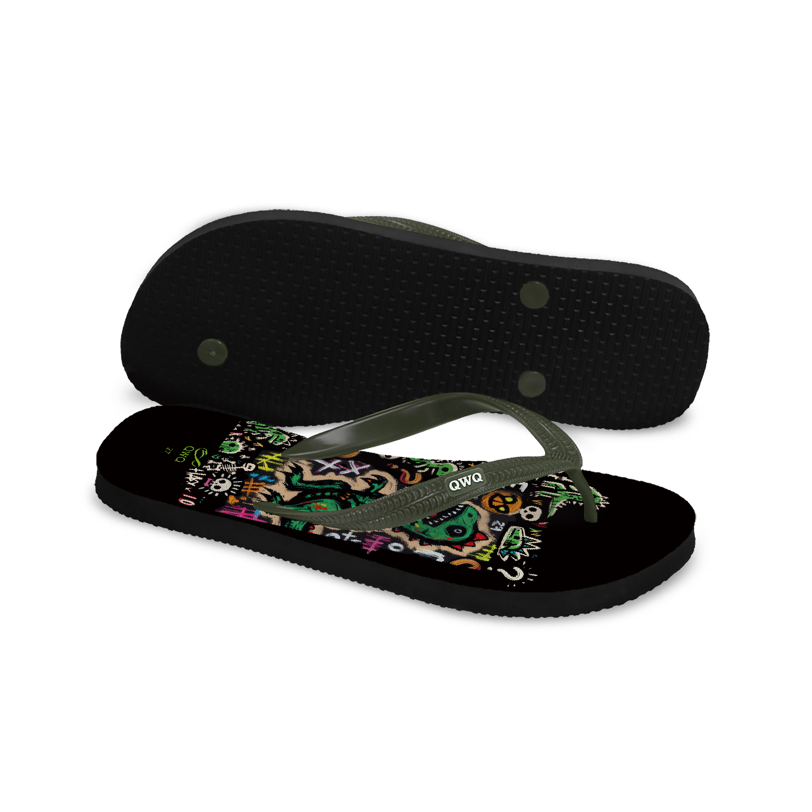 塗鴉恐龍 黑底綠帶 Graffi塗鴉系列 插圖男款夾腳拖鞋 LE原創