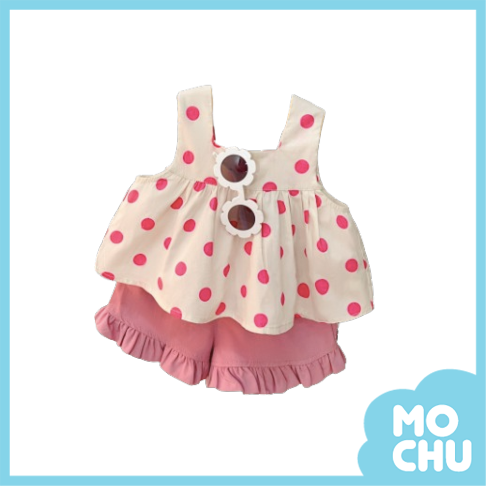 粉紅波點無袖套裝