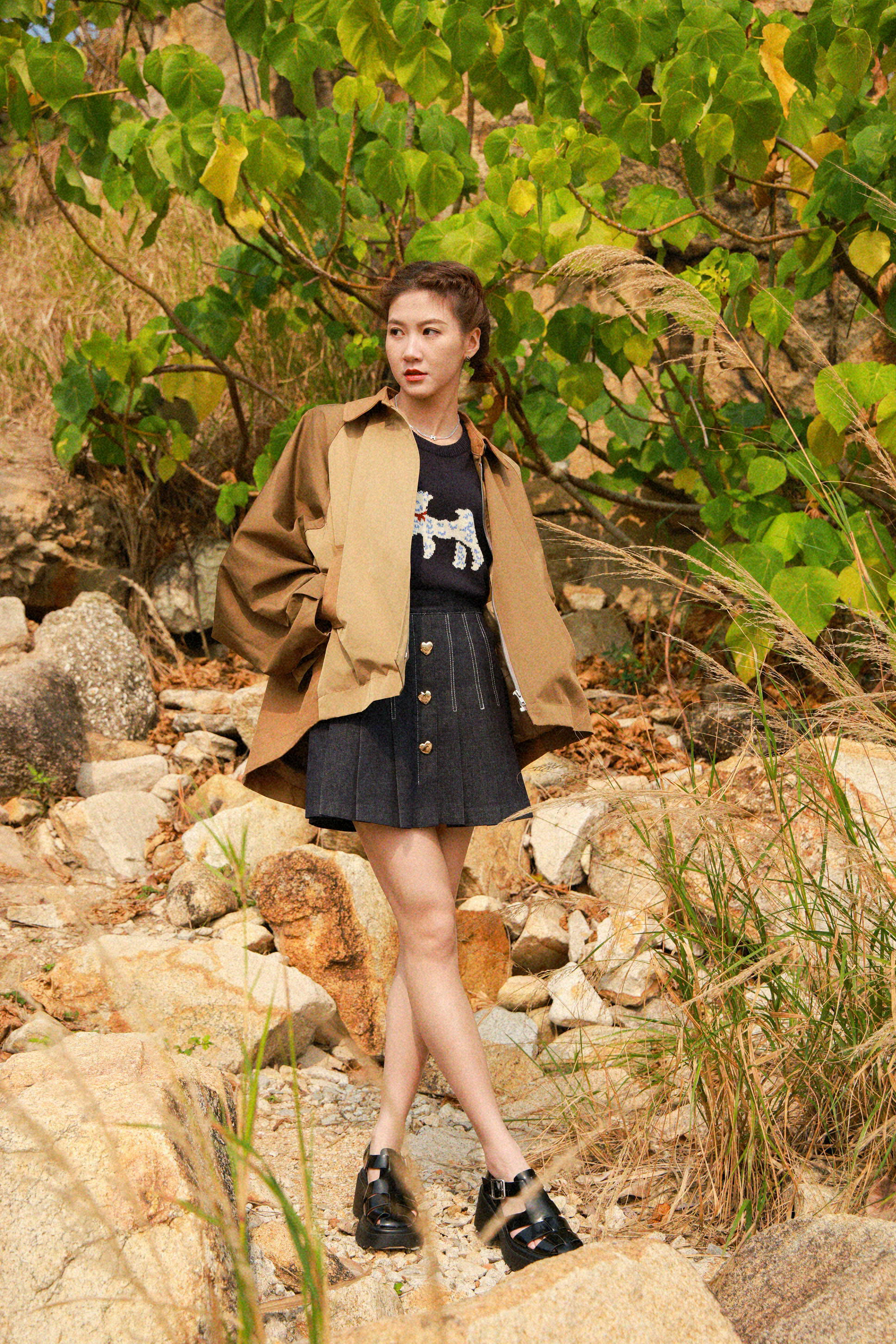 心心鈕扣百褶牛仔短裙(連打底褲) (現貨款式）