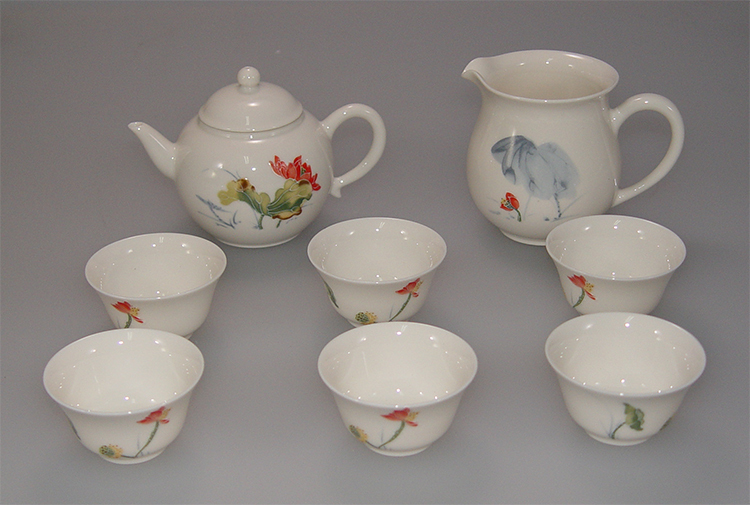 鹿港窯禮品館│彩荷浮雕(線塑)茶具組-8入禮盒套裝