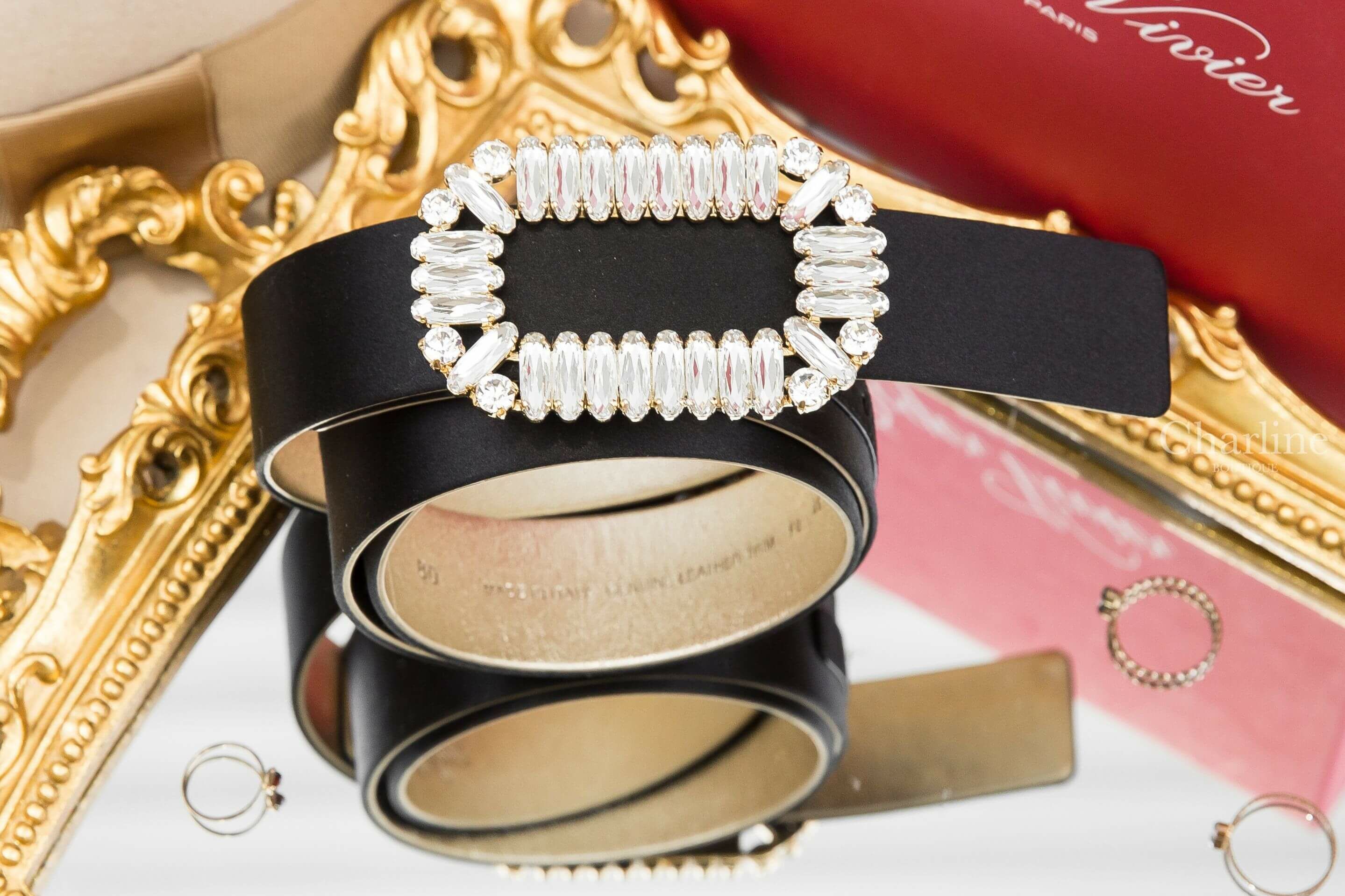 Roger Vivier Belt 黑色絲綢金色橢圓水晶方釦3cm皮帶