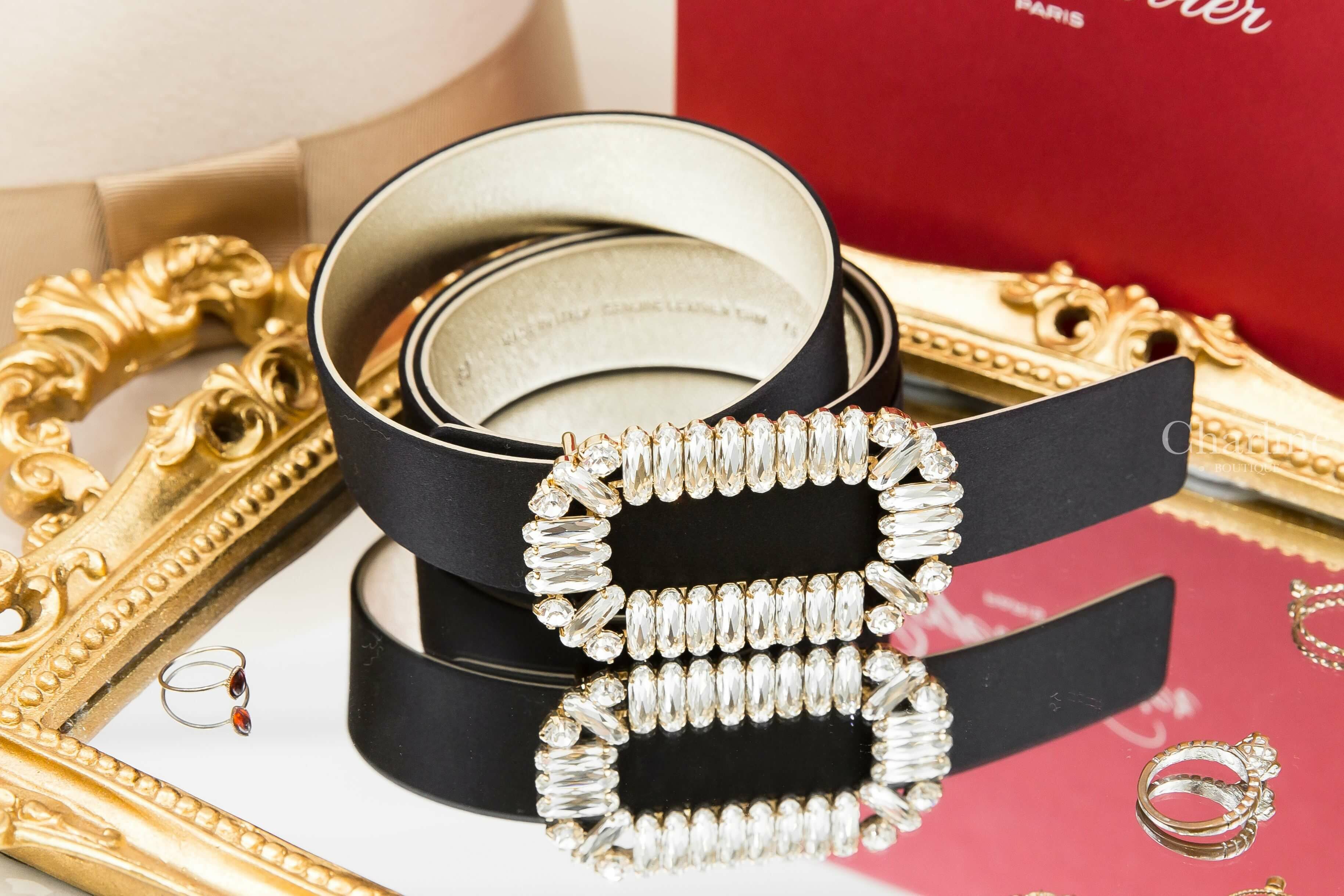 Roger Vivier Belt 黑色絲綢金色橢圓水晶方釦3cm皮帶-Charline Boutique 精品代購