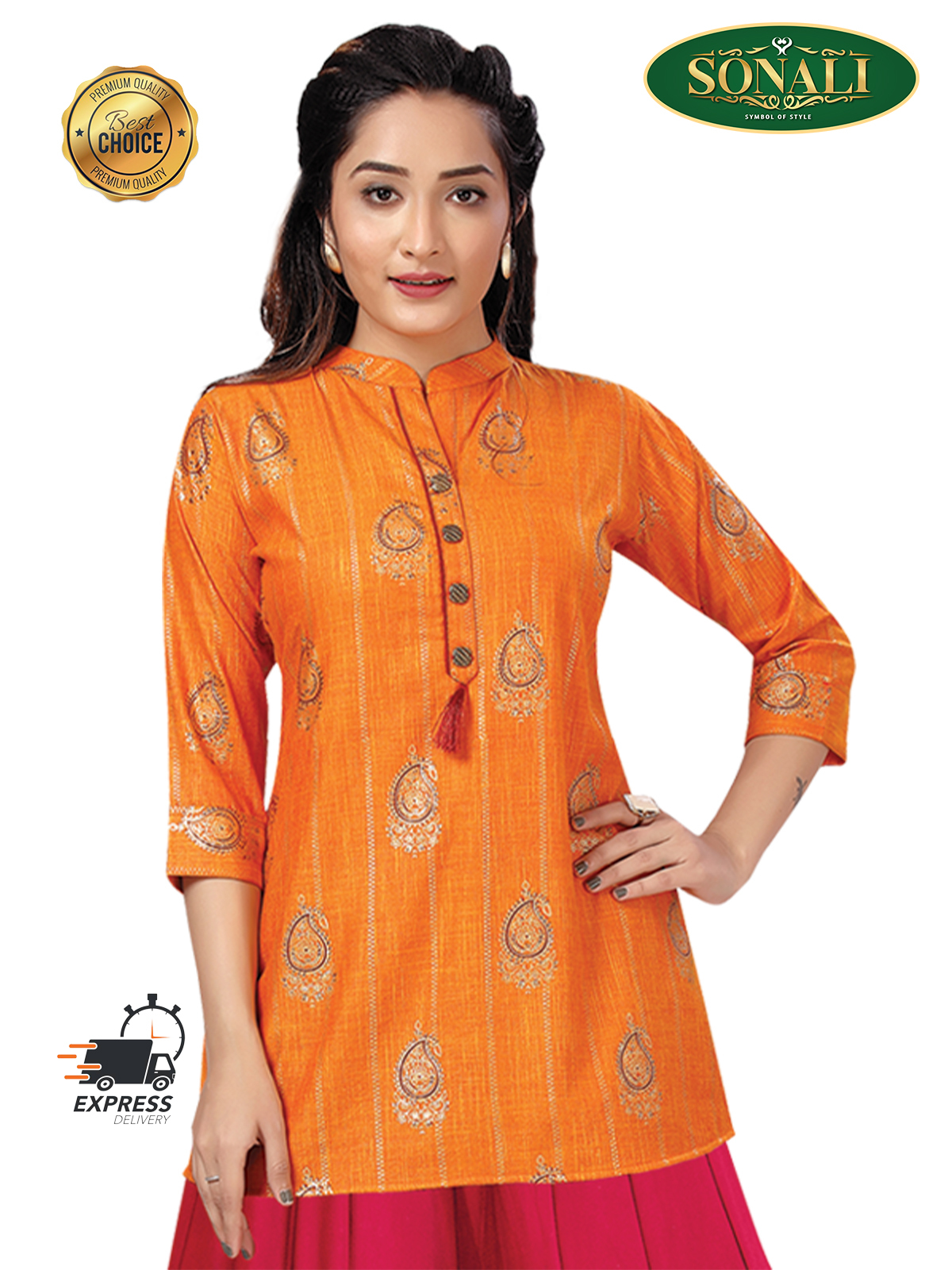 Sonali Women Short Gold Print Orange Soft Cool Kurtis  Jippa Top  / Indian Ladies Top / Kurtis Wanita Warna Turqoiuse Orange / Plus Sizes Kurtis  Q1644/Q1644A
