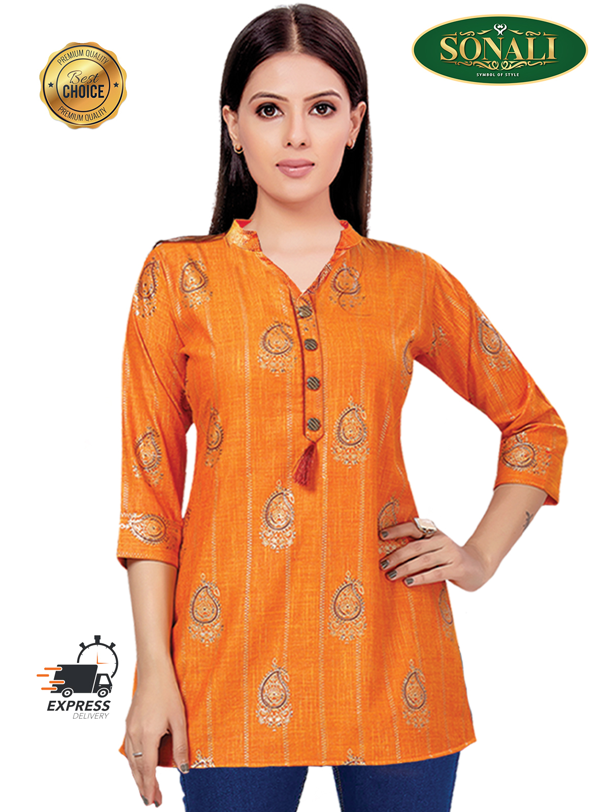 Sonali Women Short Gold Print Orange Soft Cool Kurtis  Jippa Top  / Indian Ladies Top / Kurtis Wanita Warna Turqoiuse Orange / Plus Sizes Kurtis  Q1644/Q1644A