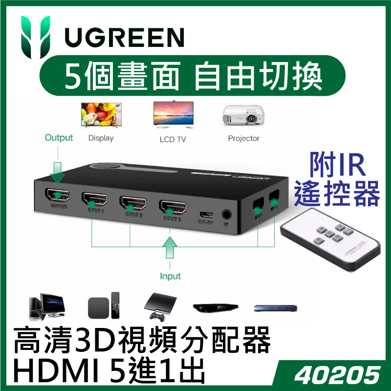 UGREEN - 40205 HDMI Ver 1.4(五進㇐出)屏幕無線切換器(IR) 支援 1080P 視頻  Switcher