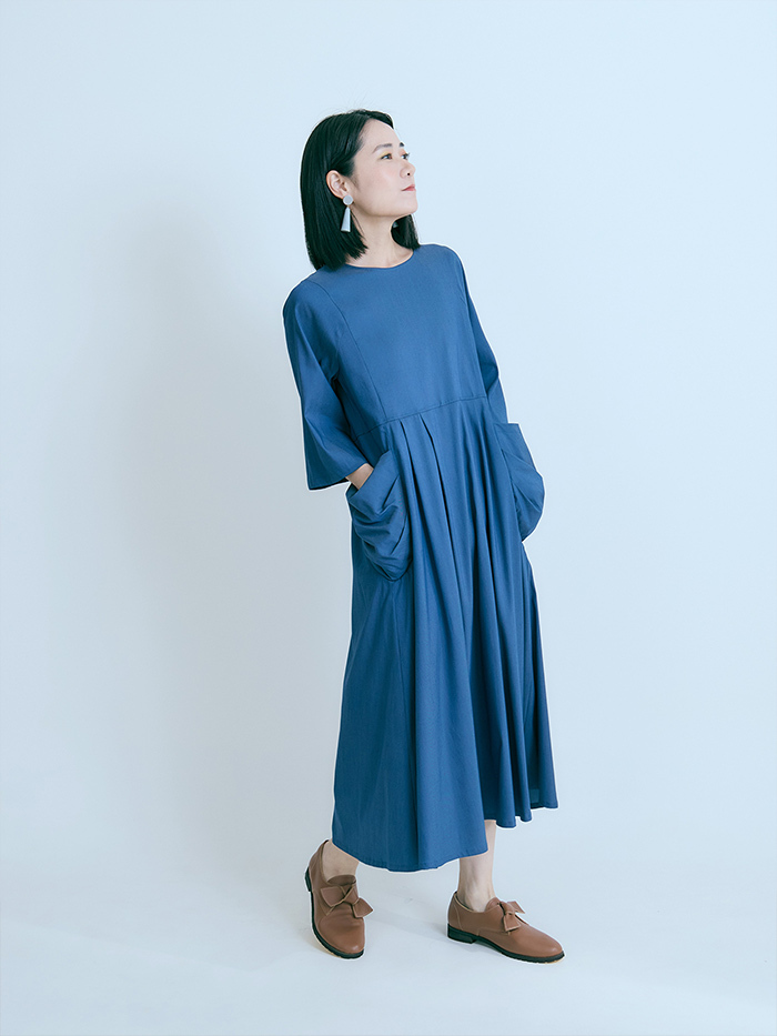 松果種子口袋七分袖洋裝-群藍