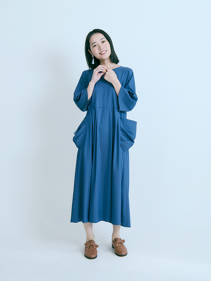 松果種子口袋七分袖洋裝-群藍