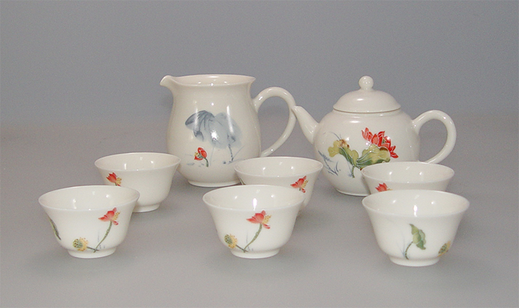 鹿港窯禮品館│彩荷浮雕(線塑)茶具組-8入禮盒套裝