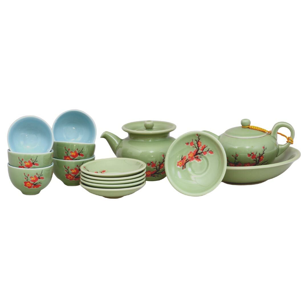 陶瓷綠釉紅梅茶具組禮盒套裝｜高雅茶具禮盒推薦 品味送禮首選