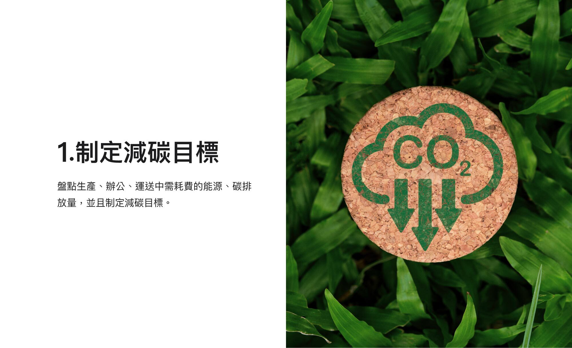 1.制定減碳目標：盤點生產、辦公、運送中需耗費的能源、碳排放量，並且制定減碳目標。