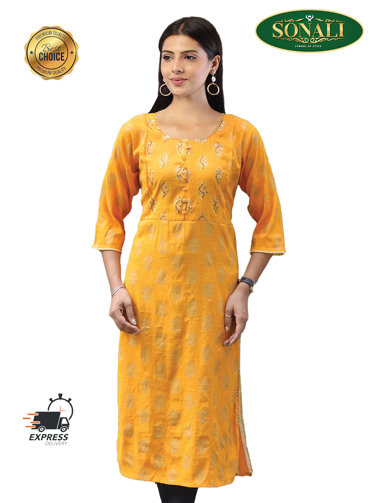 Sonali Premier Quality Women Yellow Kalamkari Rayon Dress / Gown / Top / Kurti - Q1541/Q1541A